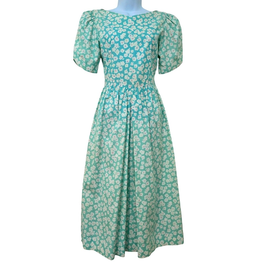 Vintage‎ Petite Lanz Floral Prairie Midi Dress Sz XS Puff Sleeve Cottage Country